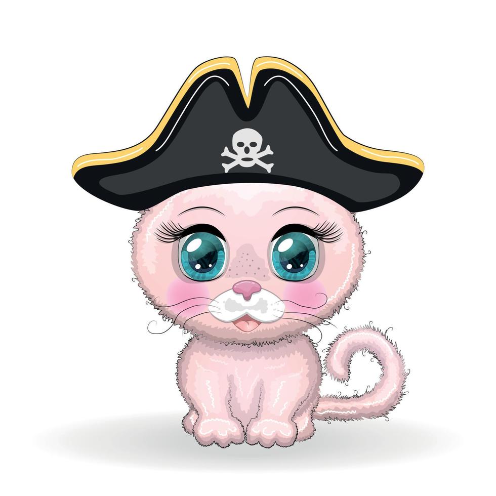 gato pirata, personaje de dibujos animados del juego, gato animal salvaje con un pañuelo y un sombrero de tres picos con una calavera, con un parche en el ojo. personaje con ojos brillantes vector