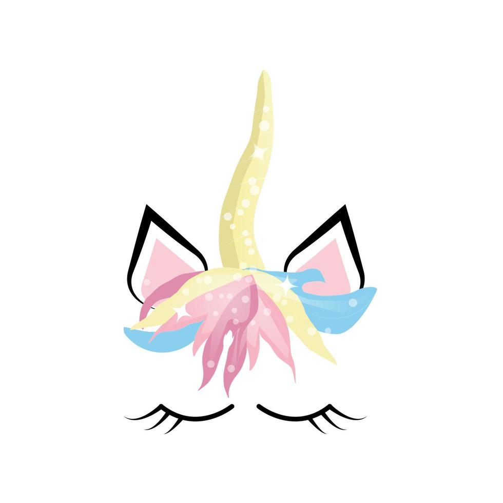 Fabulous cute unicorn with golden gilded horn and closed eyes. vector