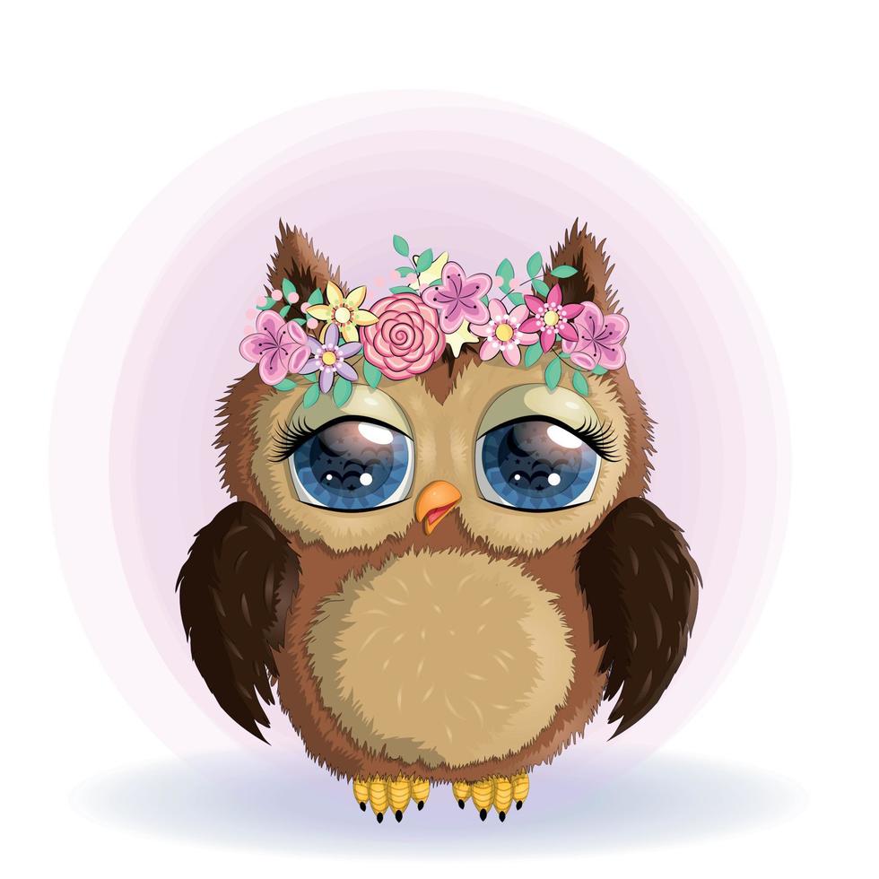 Cute Cartoon Owl on a meadow with flowers and butterflies vector