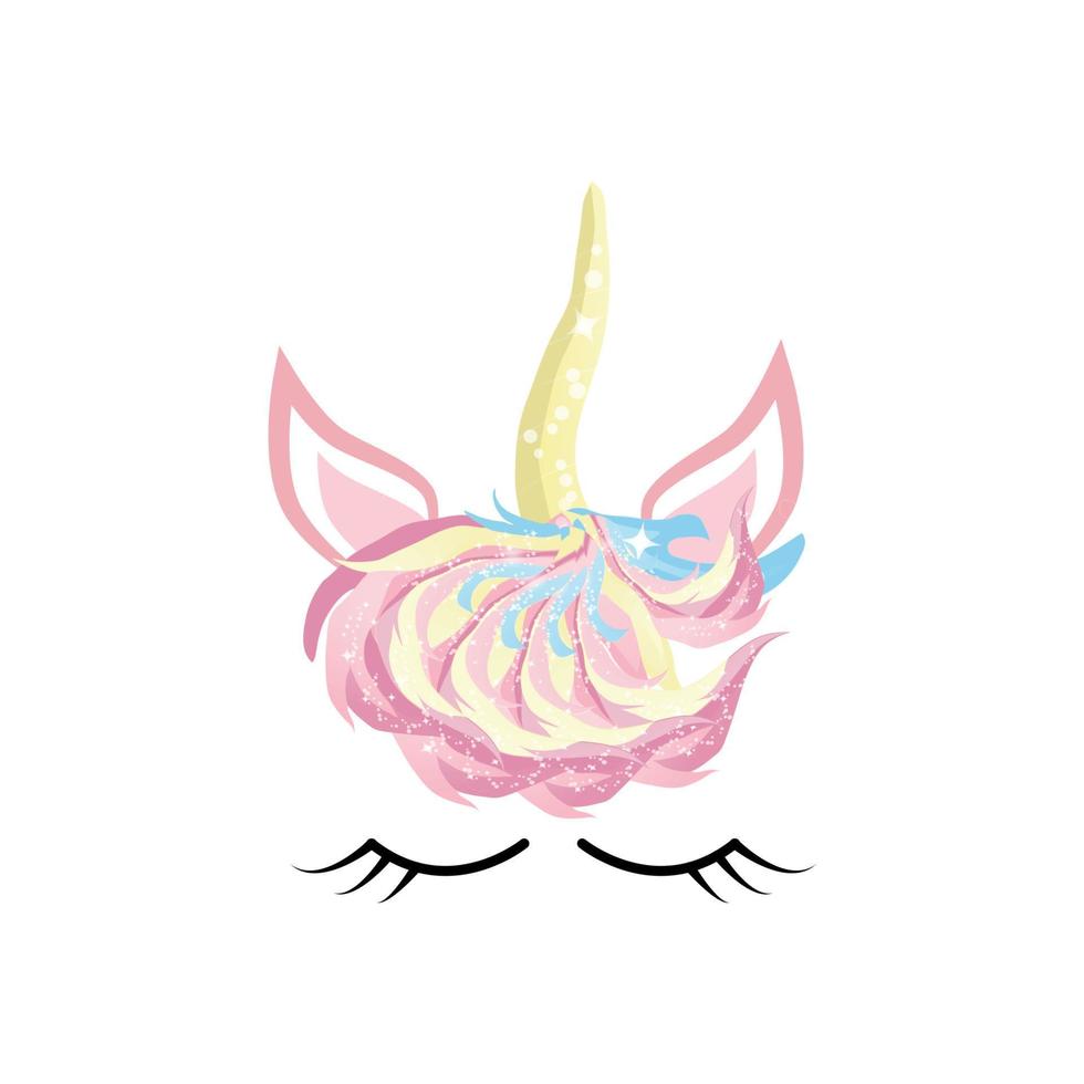 Fabulous cute unicorn with golden gilded horn and closed eyes. vector