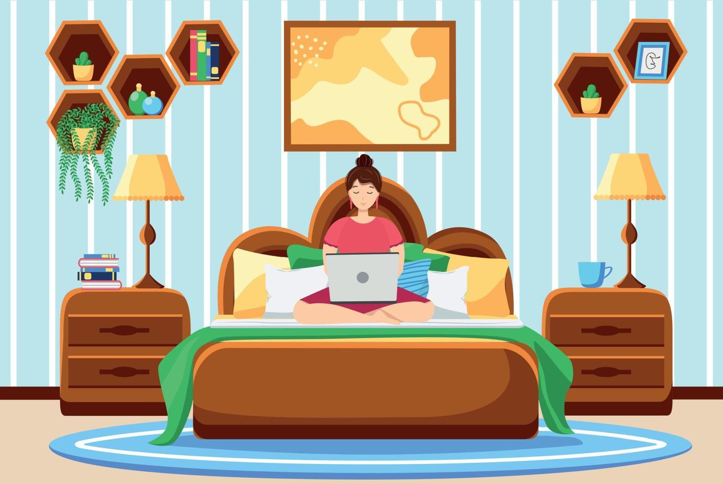 A young woman works remotely from home.The woman is lying on the bed and working on a laptop. vector
