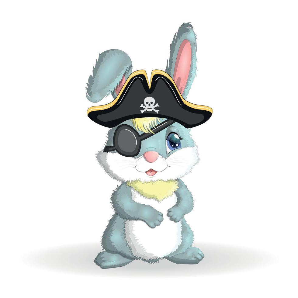 Bunny pirate cartoon character of the game wild animal rabbit in a bandana and a cocked hat with a skull with an eye patch. Character with bright eyes 15366014 Vector Art at