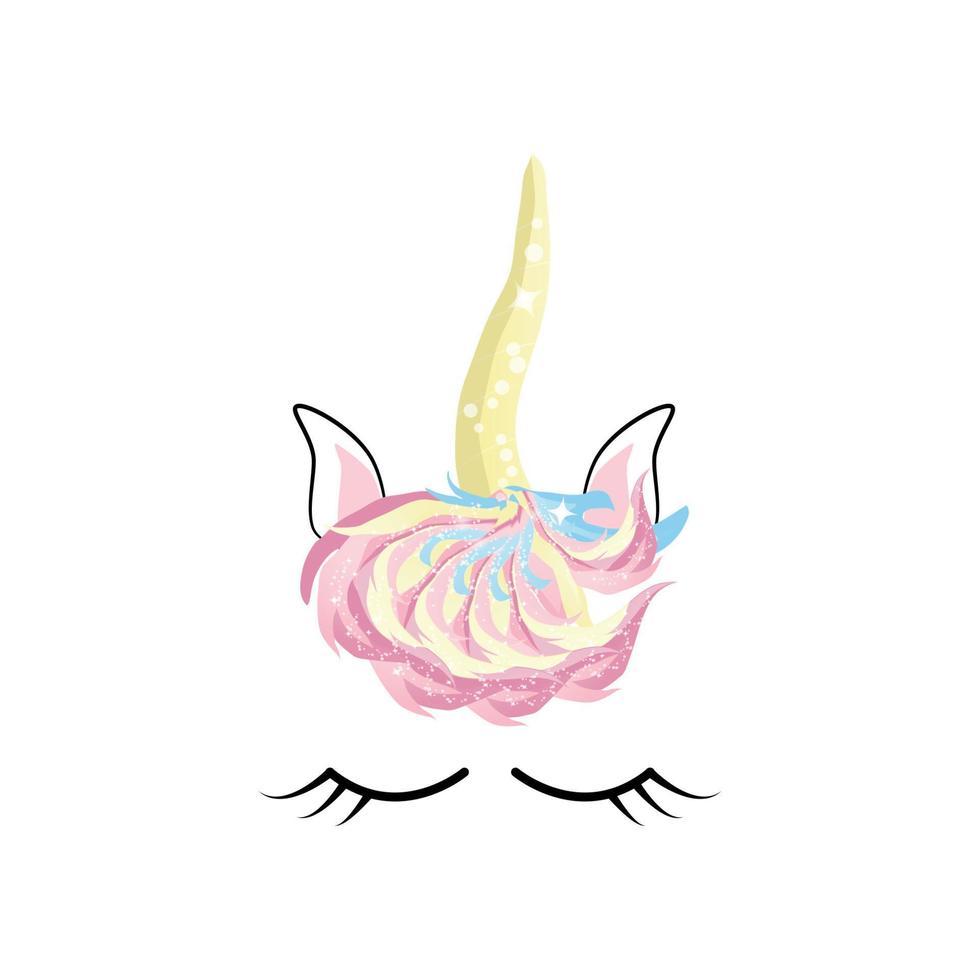 Fabulous cute unicorn with golden gilded horn and closed eyes. vector