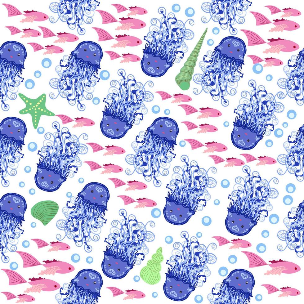 Seamless pattern with detailed transparent jellyfish. Childish seamless pattern with cute hand drawn fishes and jellyfishes in doodle style. Trendy nursery background vector