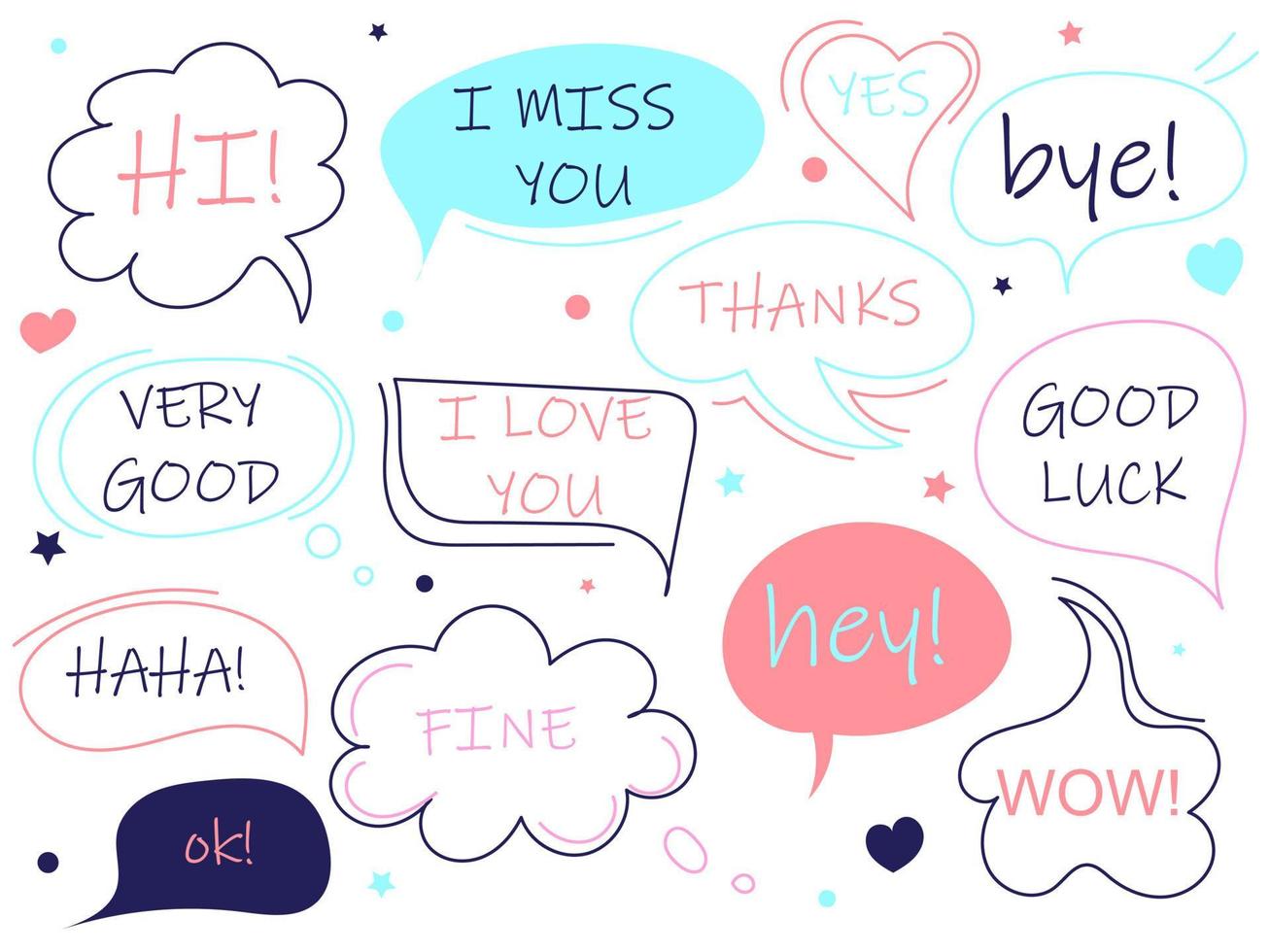 Set of cute speech bubbles of different shapes with text. Multicolored speech bubbles isolated on white background. Hand drawn vector illustration