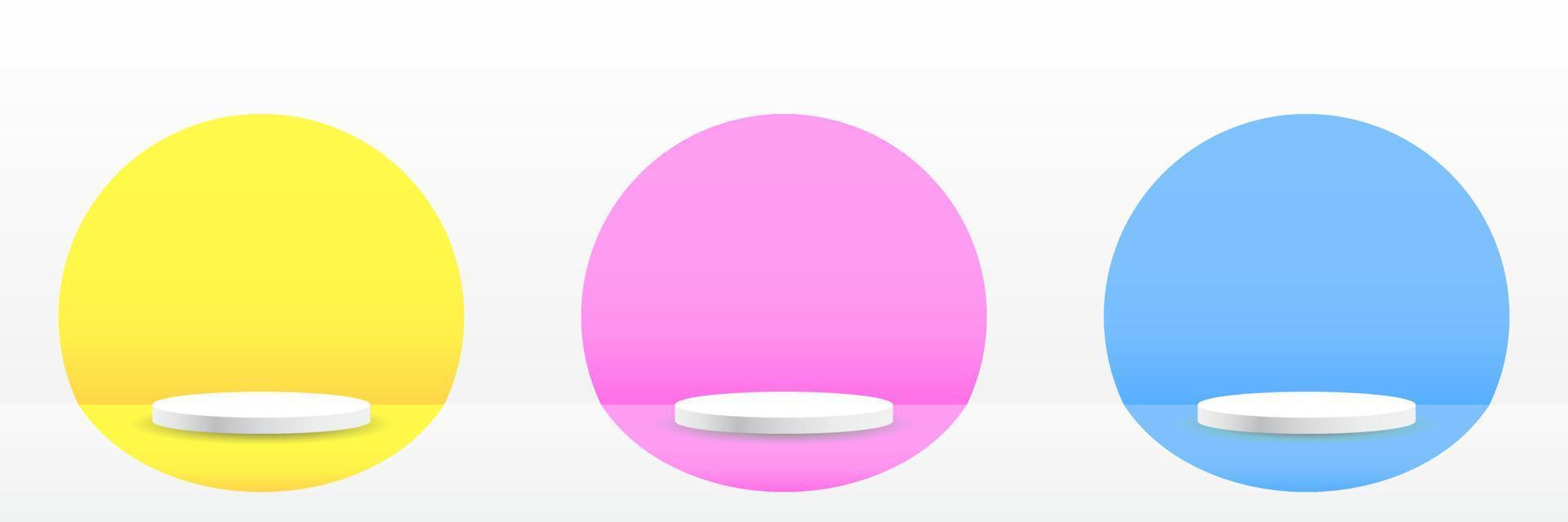 Set of white realistic 3d cylinder pedestal podium with pastel yellow, blue and pink in semi circle backdrop. Abstract vector rendering geometric platform. Product display presentation. Minimal scene