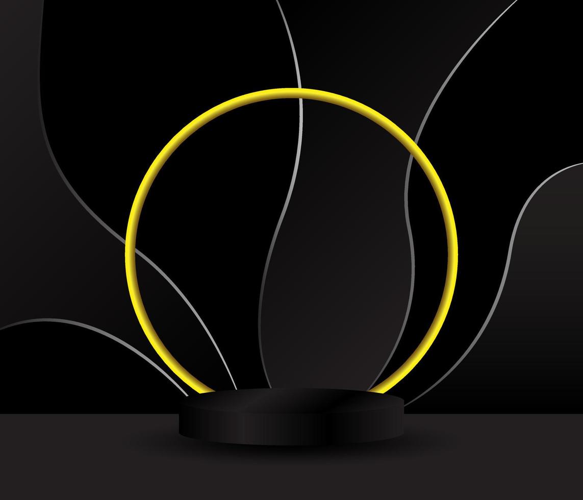 Black podium on black background. Realistic pedestal. Dark background. Vector illustration