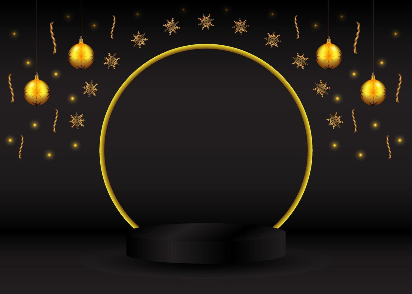 Black podium for Christmas display on black background. Realistic black pedestal on Christmas background. Dark background. vector