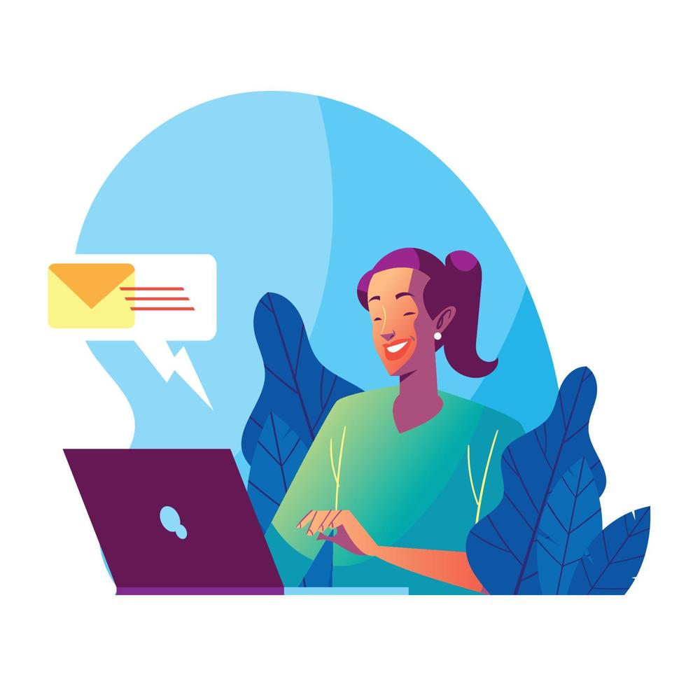 A Girl Sending an E-mail With His Laptop vector