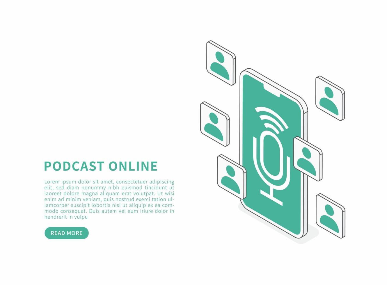 Podcast online concept. Podcast app on smartphone. Vector isometric illustration.