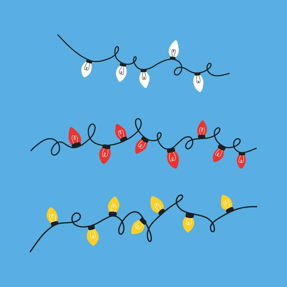 Christmas lights isolated on blue background. Doodle vector illustration