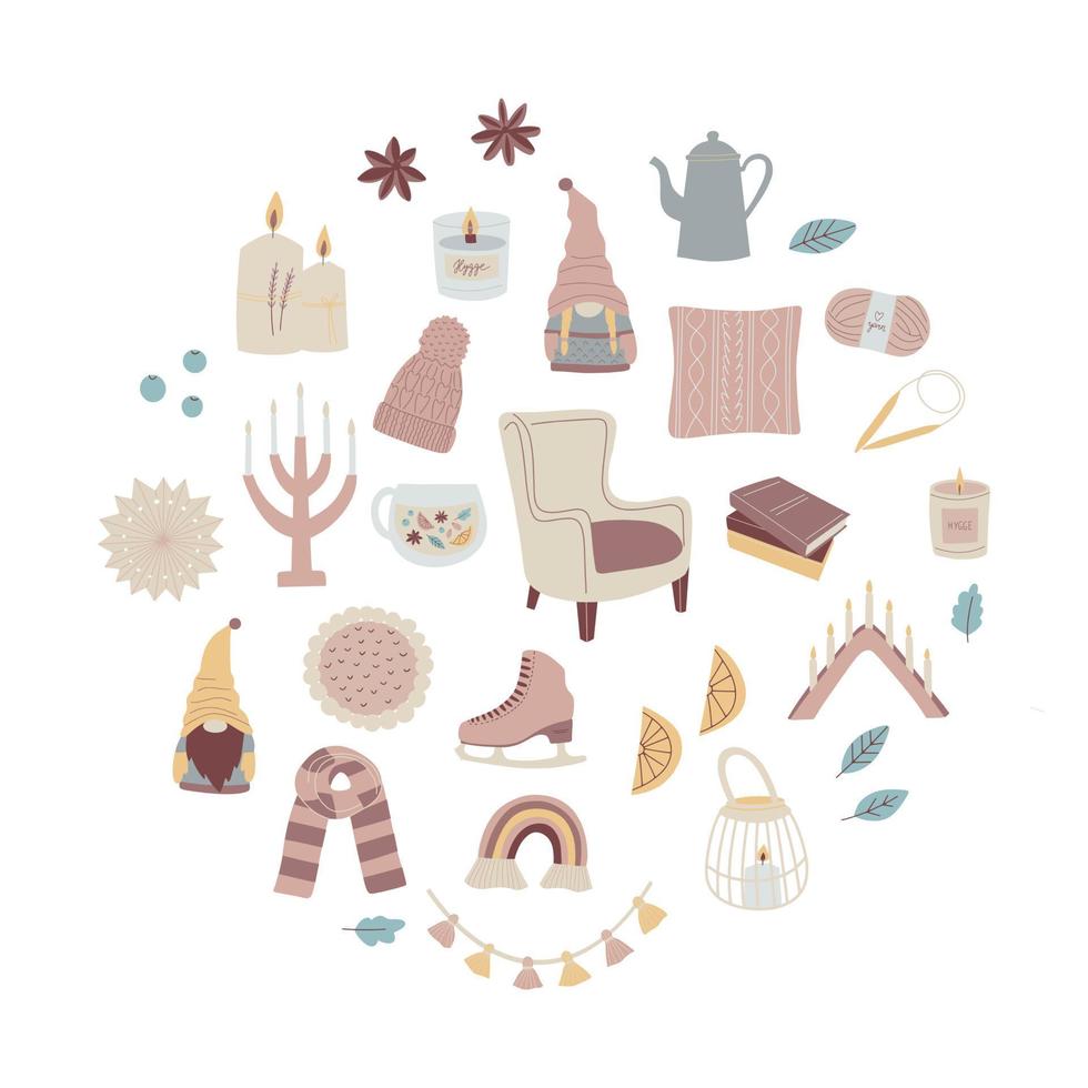 Set of hand drawn autumn and winter hygge elements vector