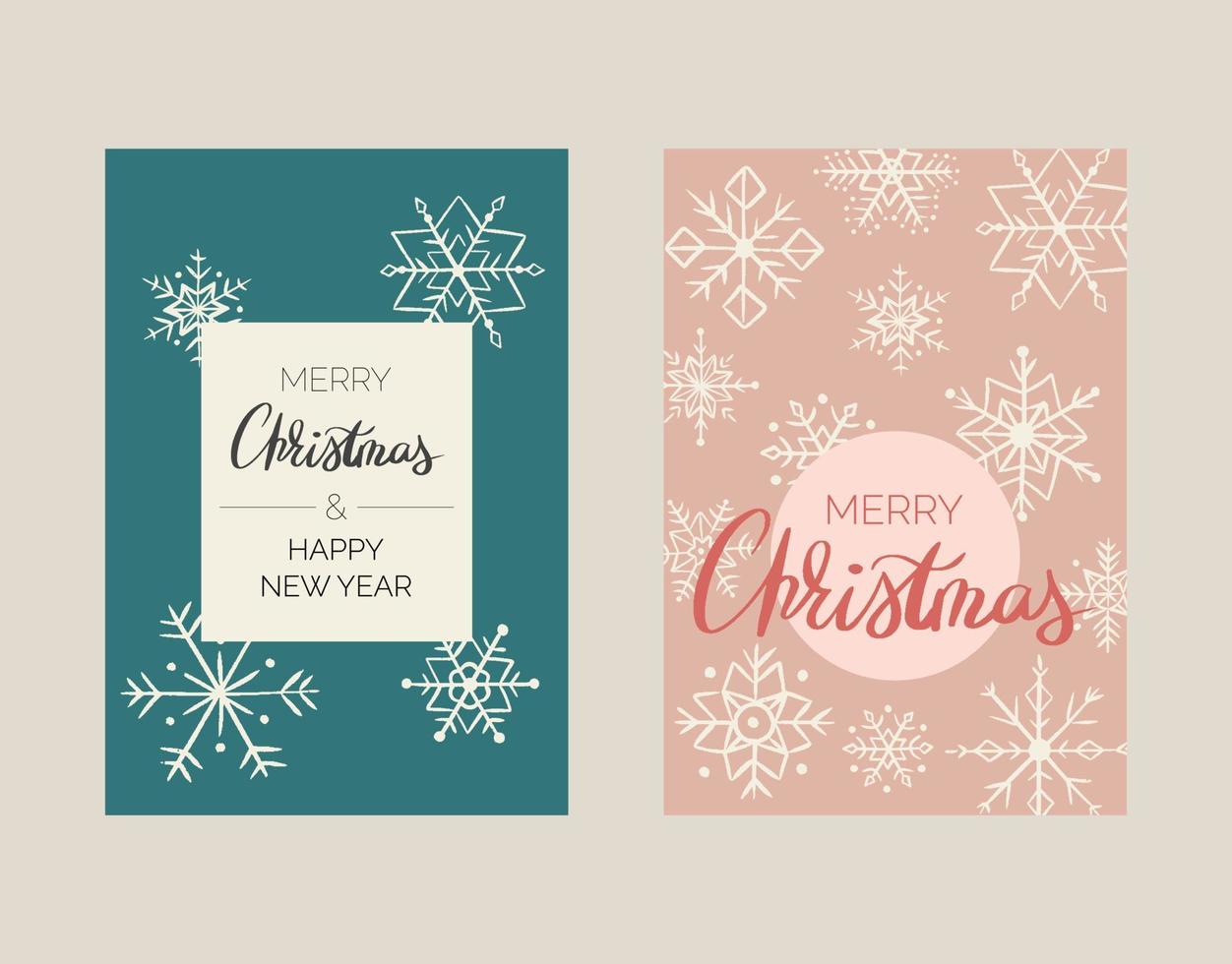 Merry Christmas card with hand drawn snowflakes and lettering vector