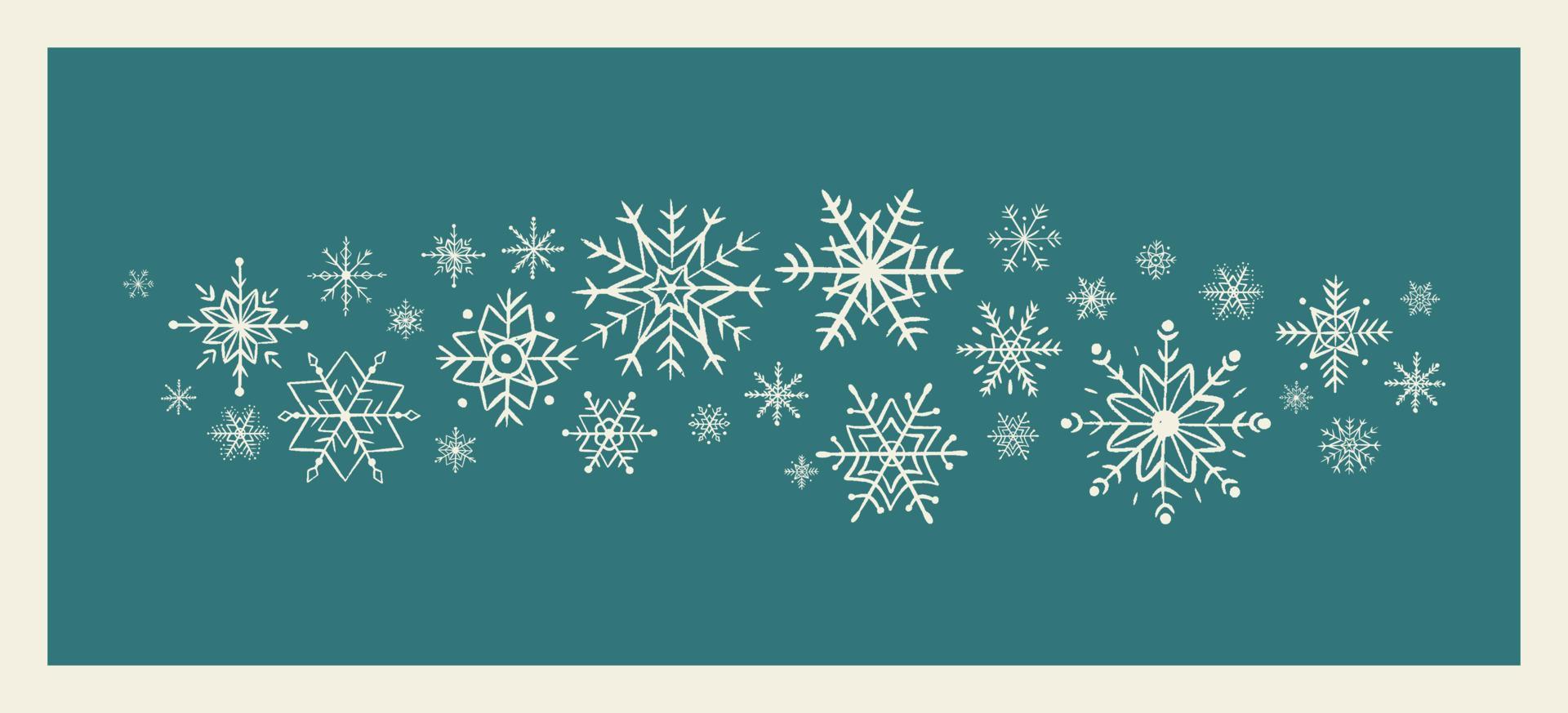 Collection hand drawn snowflakes isolated on blue background. Christmas wave made of snowflakes in doodle style vector