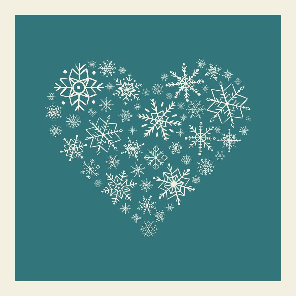 Collection hand drawn snowflakes isolated on blue background. Christmas heart made of snowflakes in doodle style vector