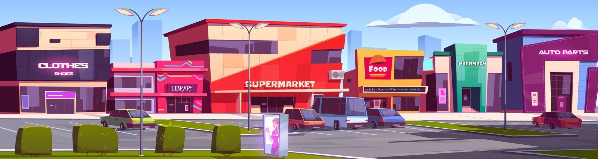 Store buildings, shopping area with parking area vector