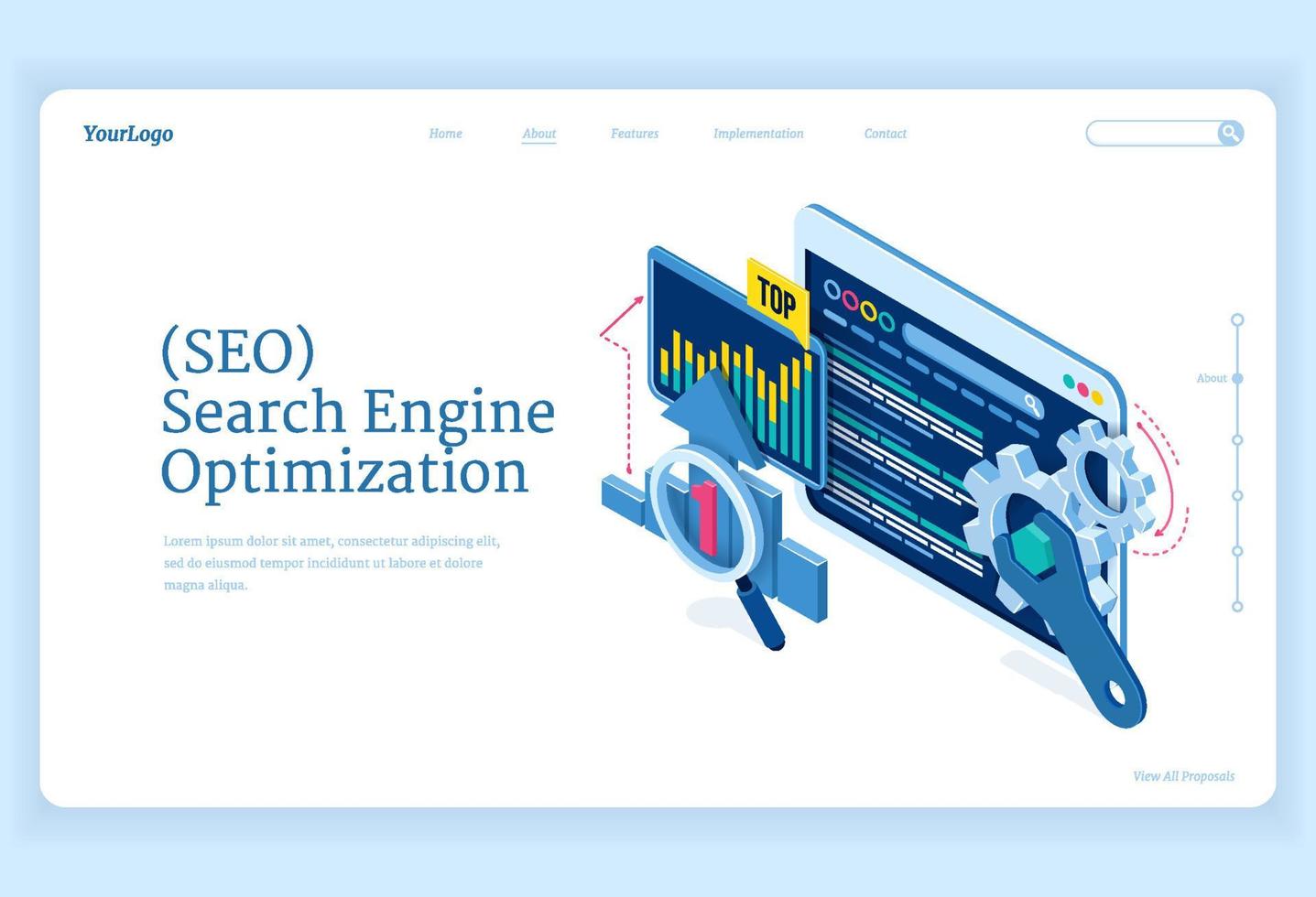 banner de página de destino isométrica de optimización seo vector