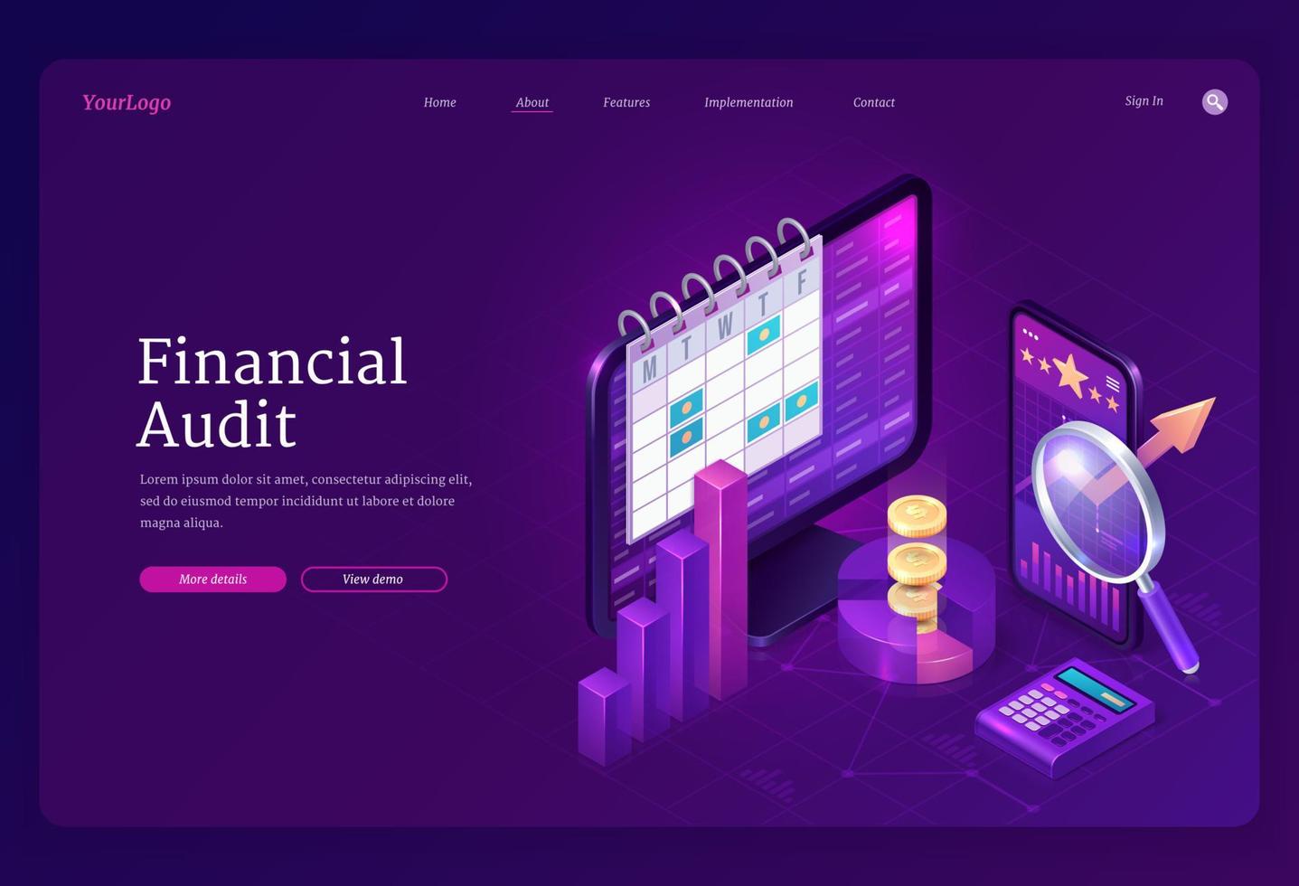 Financial audit isometric landing page, tax report vector