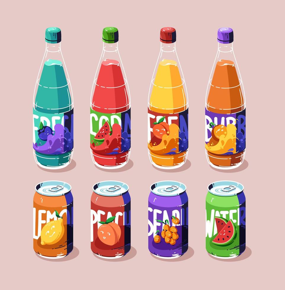 Juego de latas y botellas de refrescos, bebidas frías de frutas. vector