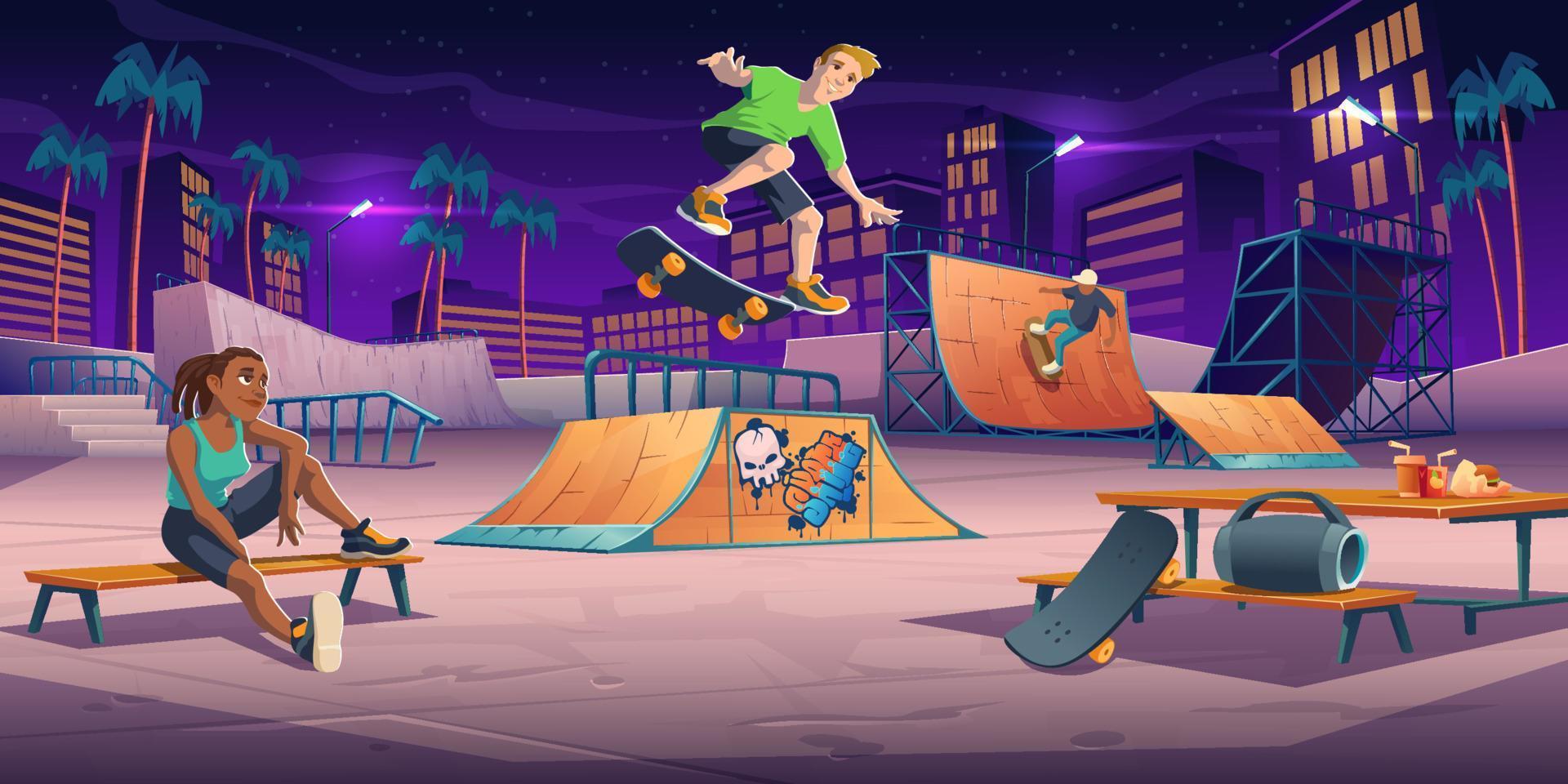 Teenagers at night skate park teens on rollerdrome vector