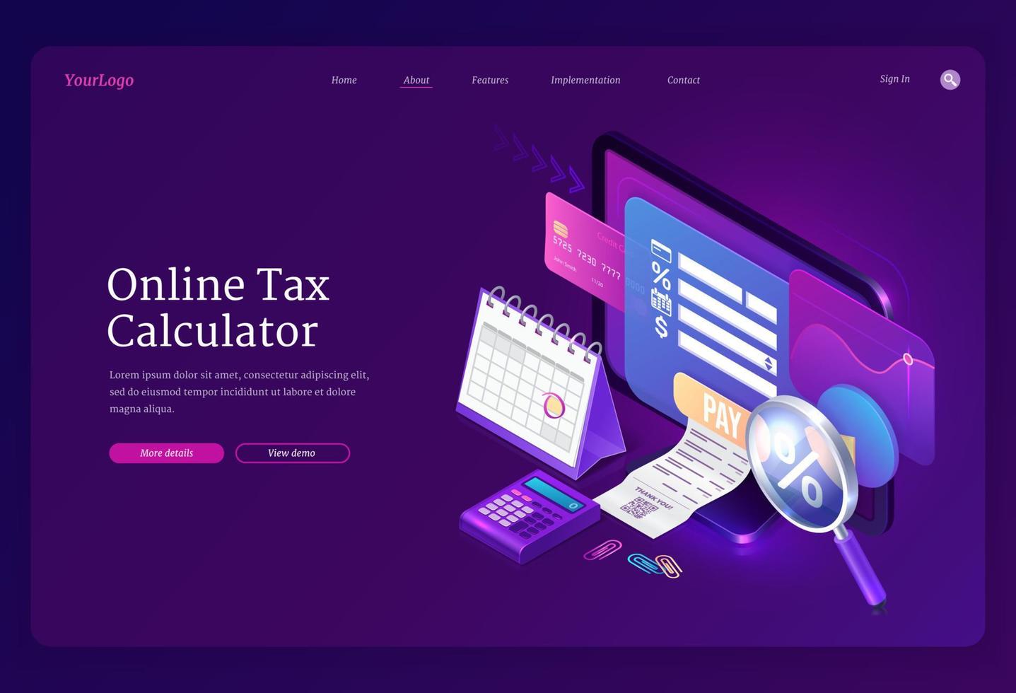 Landing page of online tax calculator vector