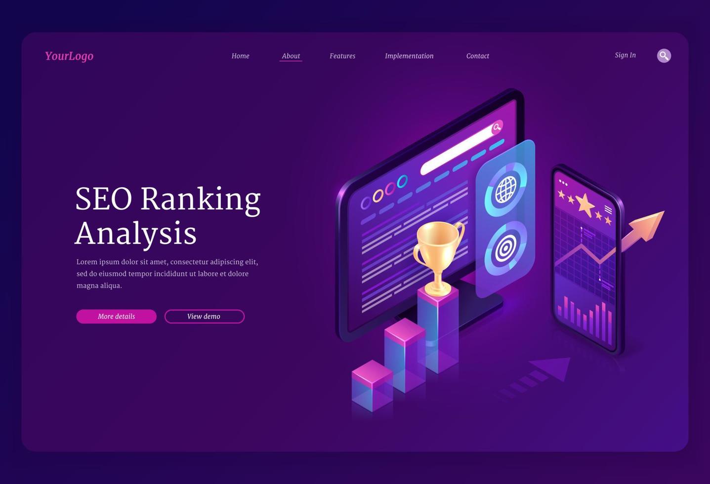 Vector landing page of SEO ranking analysis