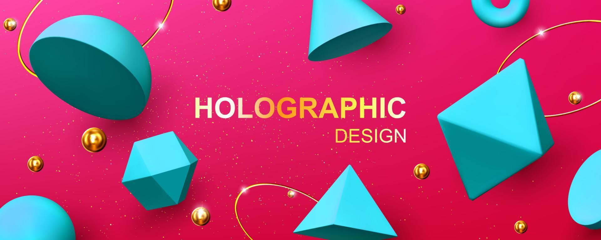 Holographic background with 3d geometric shapes vector