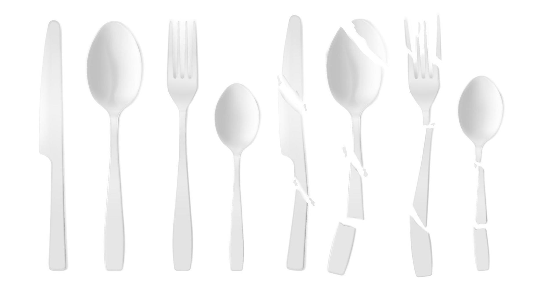 New and broken white plastic cutlery vector
