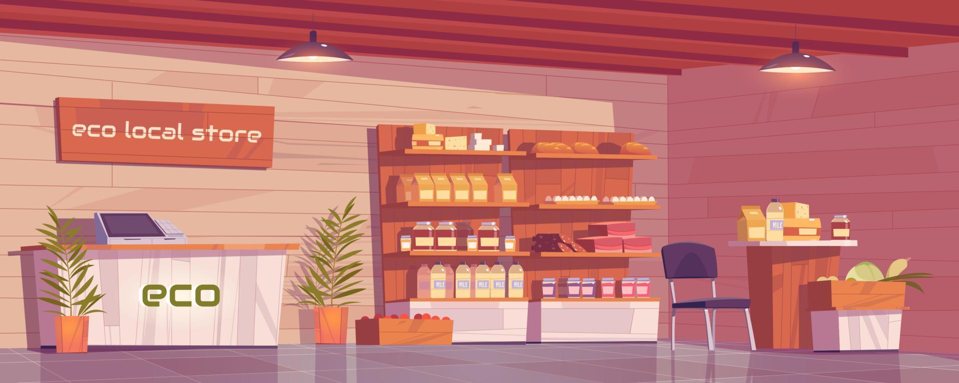 Local eco store empty interior, grocery shop. vector