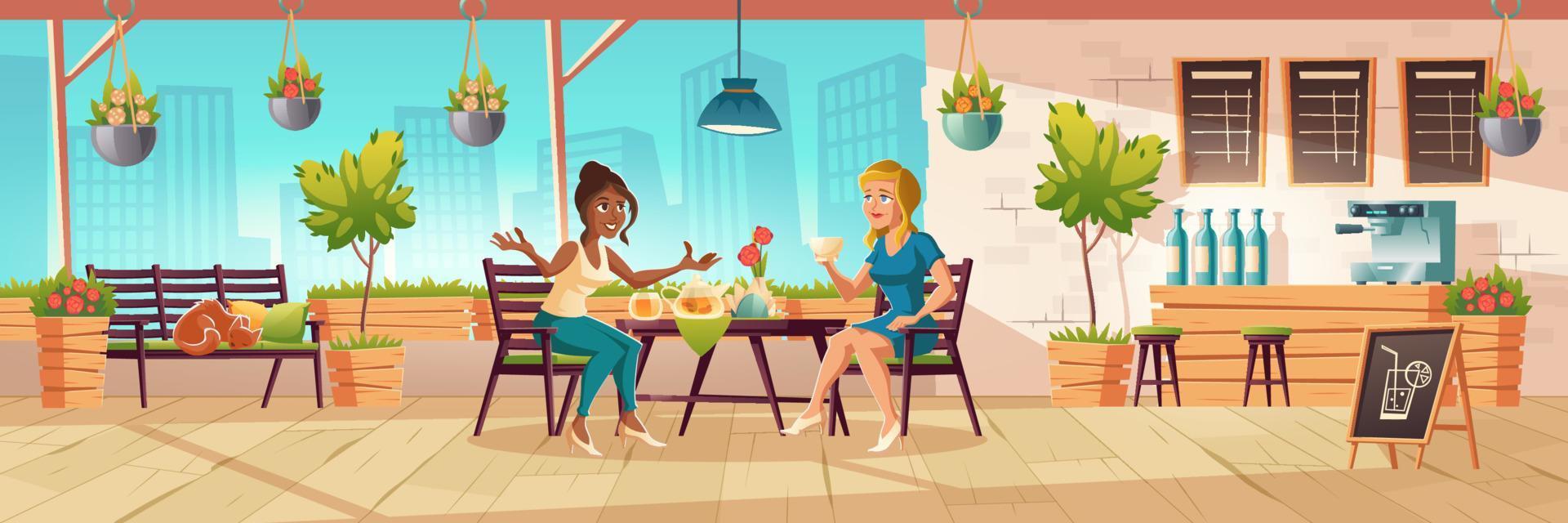 Girls seating on cafe terrace or balcony vector