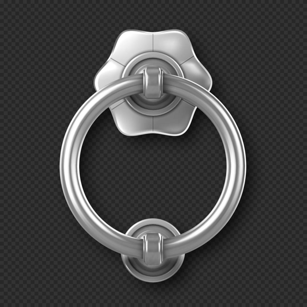 Realistic silver door knocker handle, ring knob vector