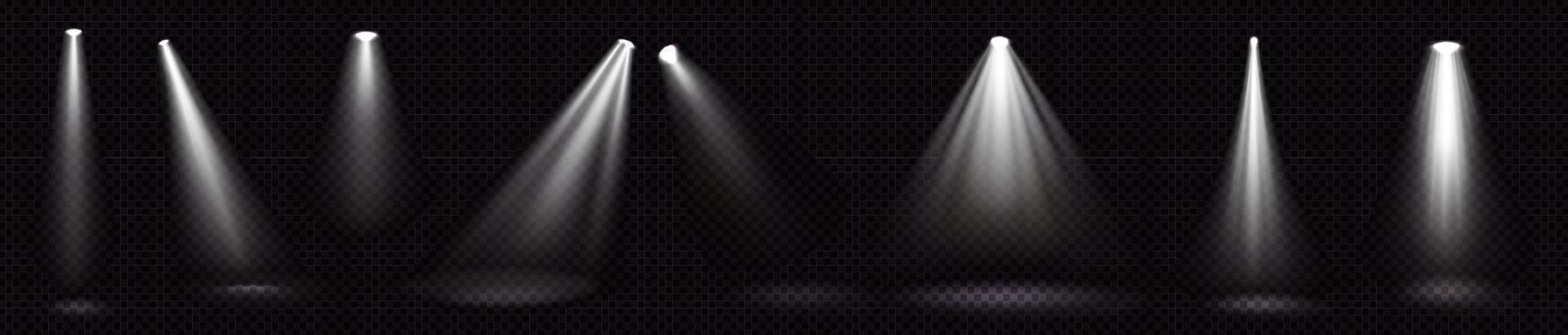 Stage lights, white spotlight beams, glow elements vector