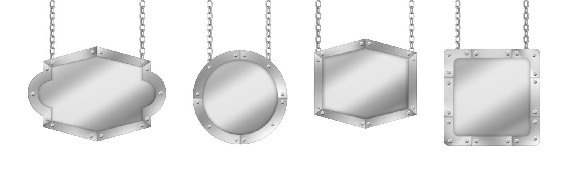 Metal signs, silver colored boards hang on chains 15369769 Vector Art