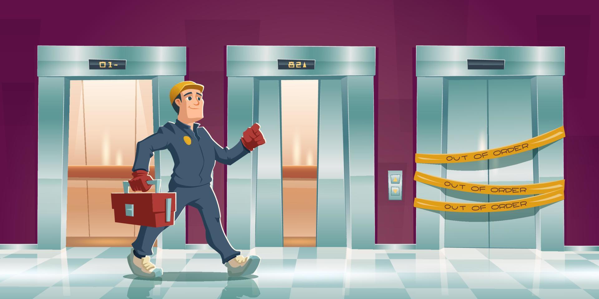 Repair man and out of order elevator vector