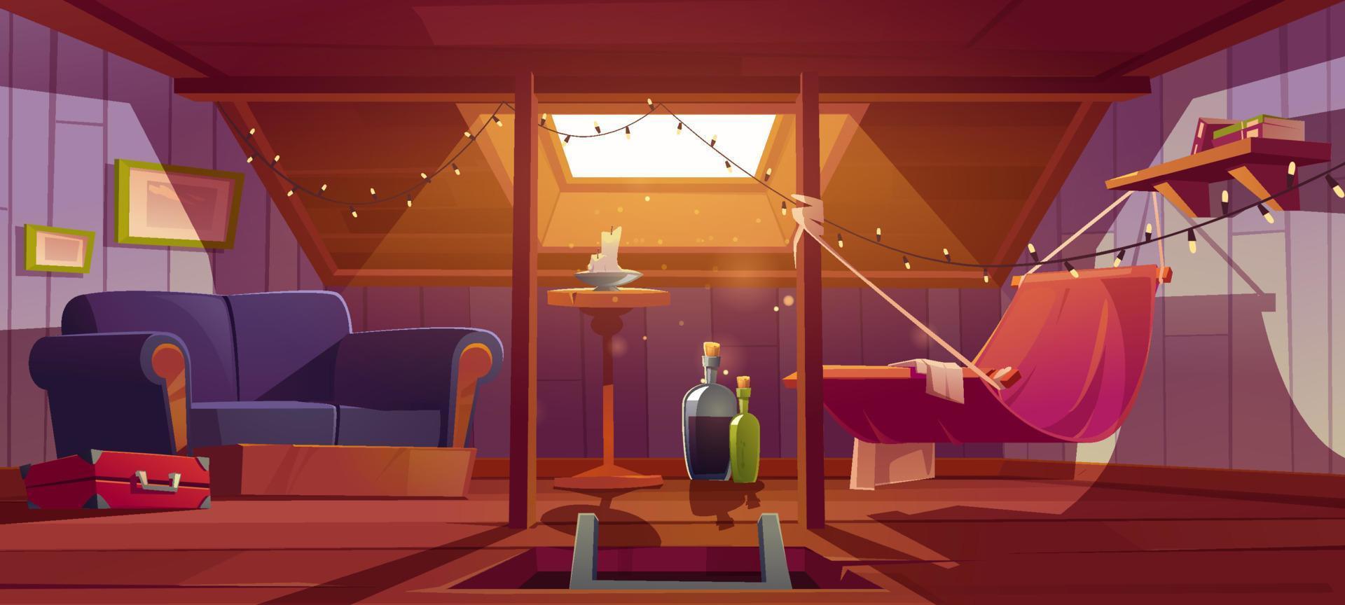 Cozy room on attic with hammock, sofa and window vector