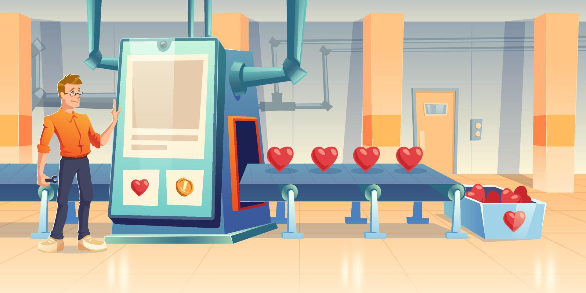 Factory producing hearts engineer at conveyor belt vector