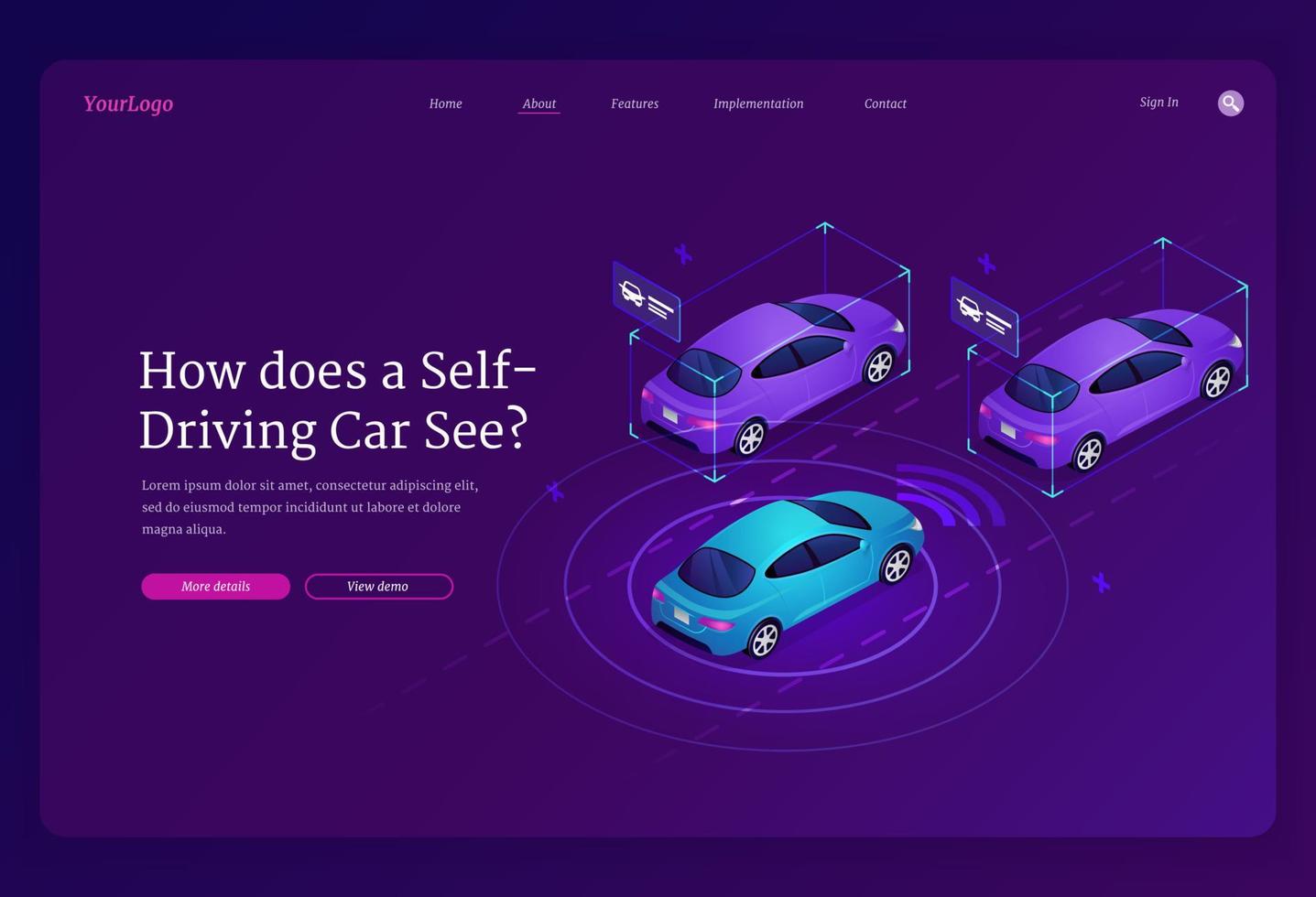 Self driving car isometric landing page, vehicle vector