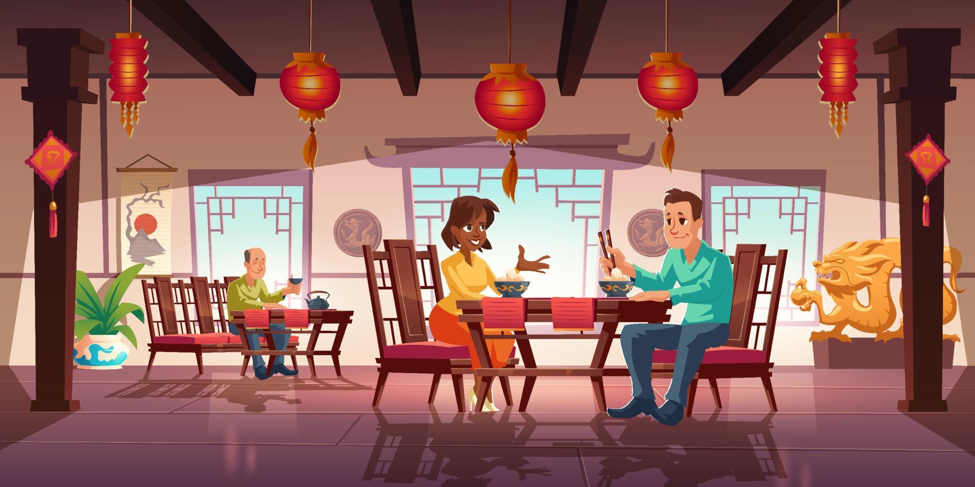 People dining in asian restaurant or cafeteria vector