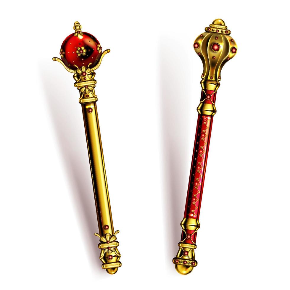 Golden scepter for king or queen, royal wand. vector