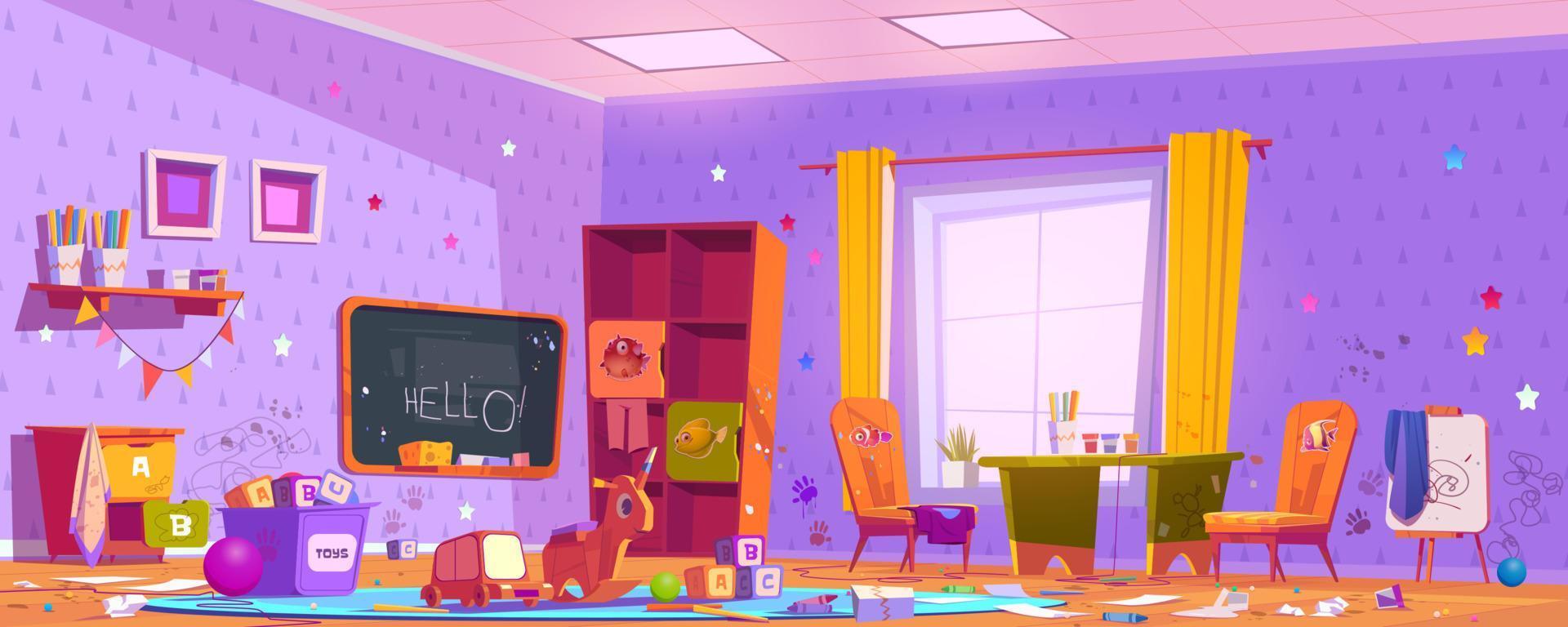 Messy kids playroom interior in kindergarten vector