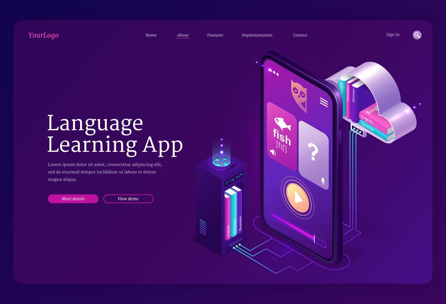 Language learning app banner, online education vector