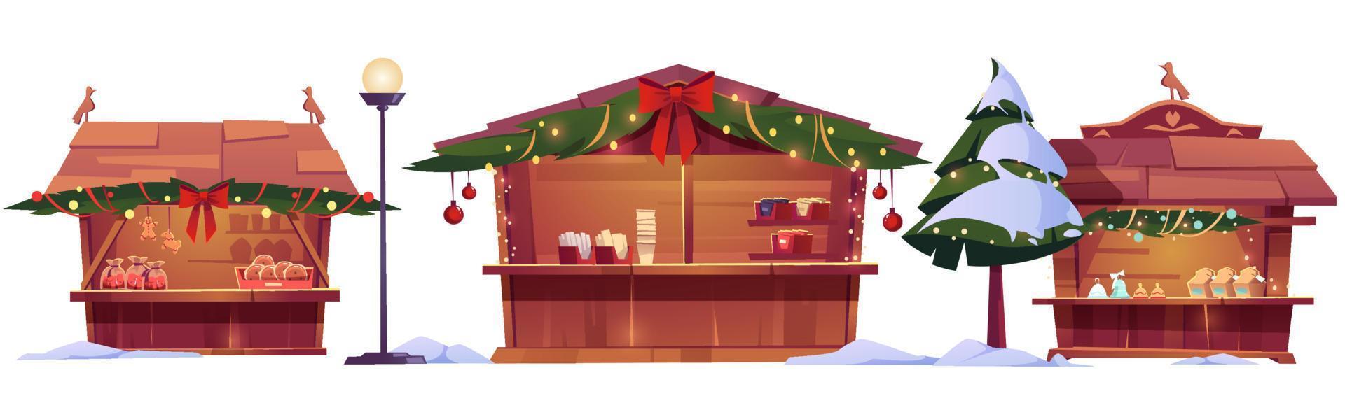 Christmas market stalls, street fair wooden booths vector