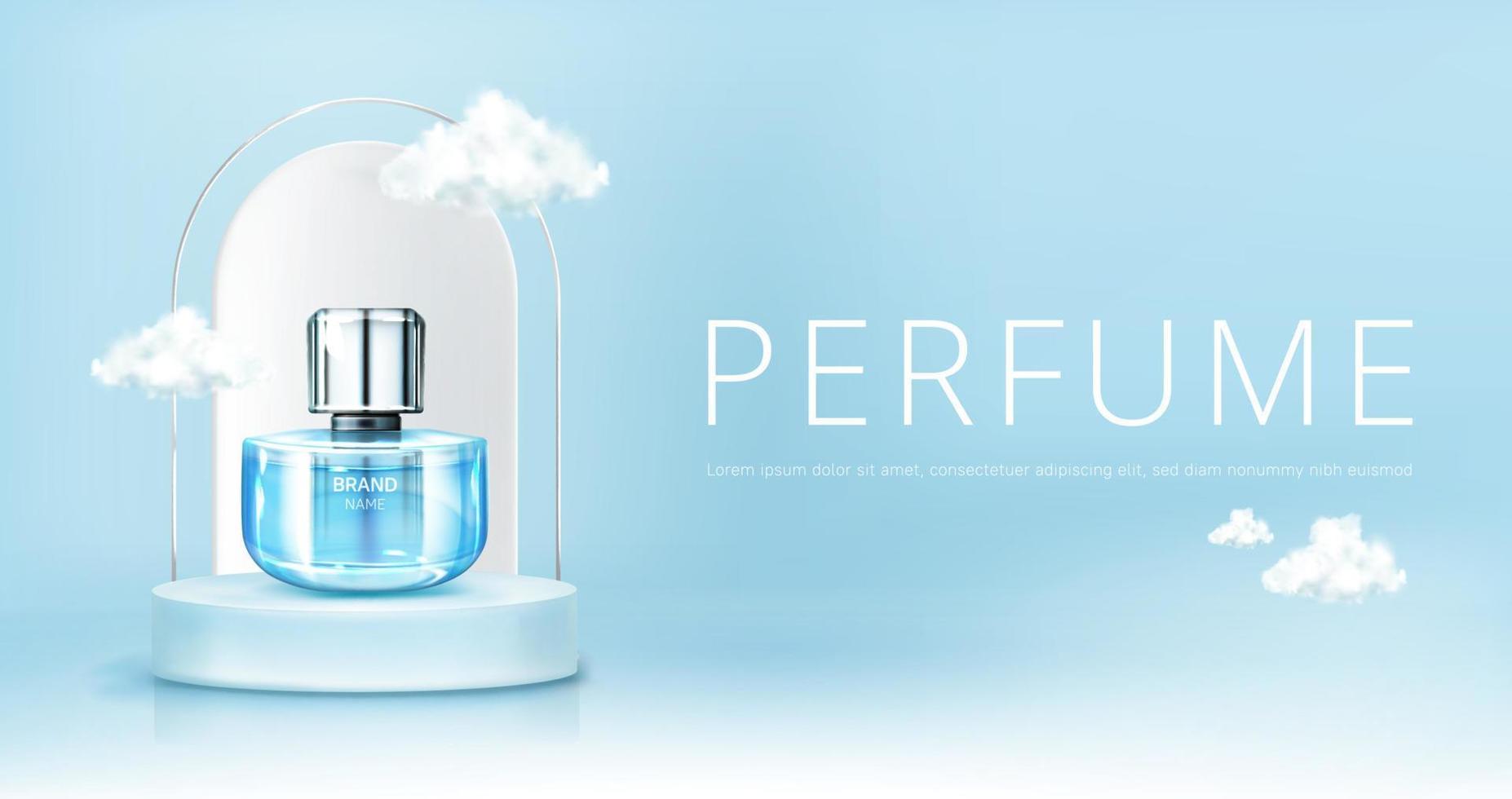 Perfume spray bottle on podium with clouds banner vector