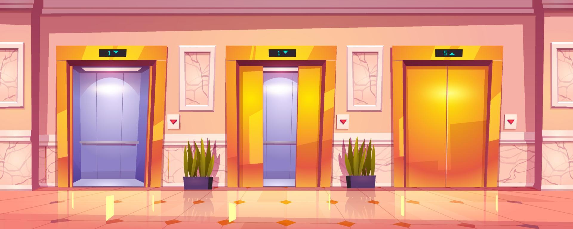 Luxury hallway interior with golden elevator doors vector