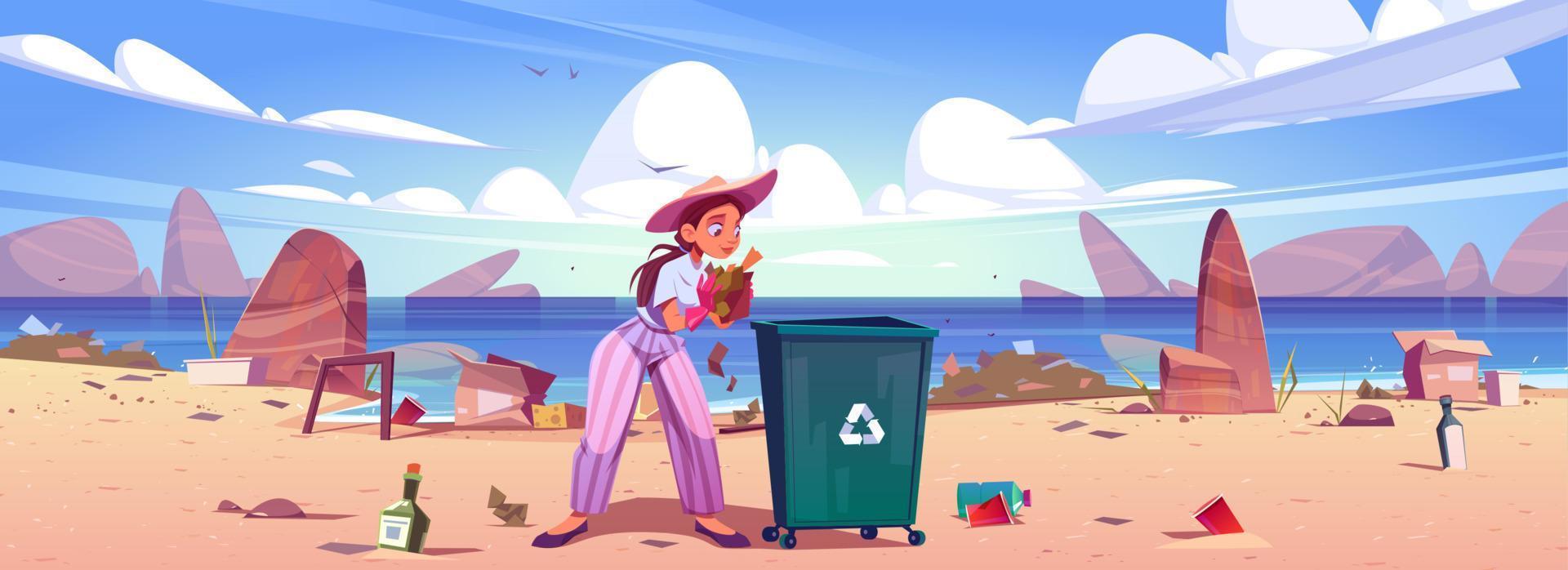 Woman collects trash to garbage bin on sea beach vector