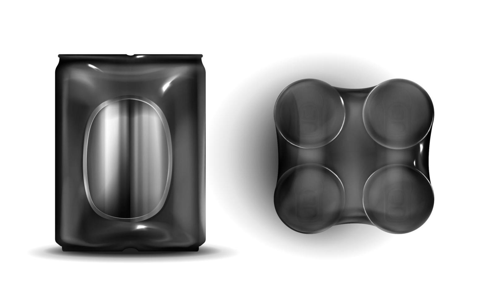 Tin cans in plastic wrap front and top view mockup vector