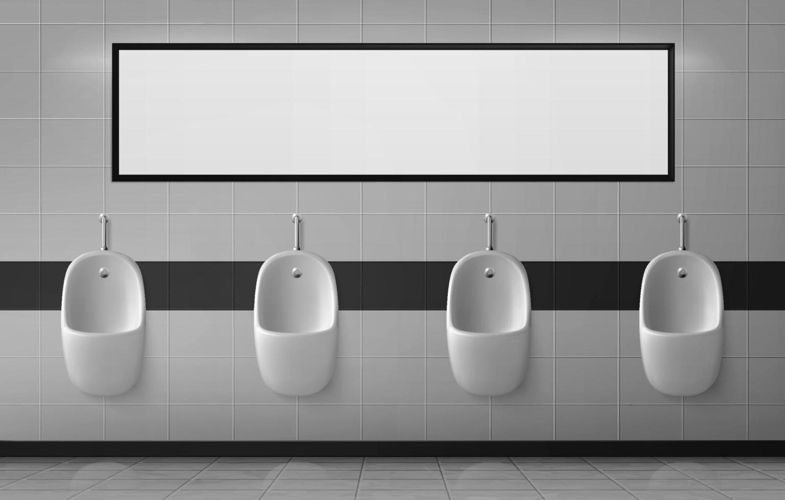 Los urinarios en el baño masculino cuelgan en fila en la pared de cerámica vector