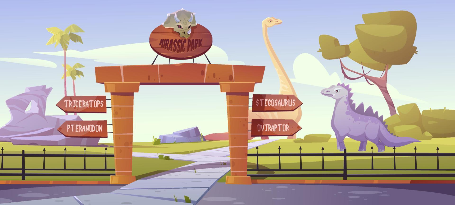 puertas del parque jurásico con punteros al área de los dinosaurios vector