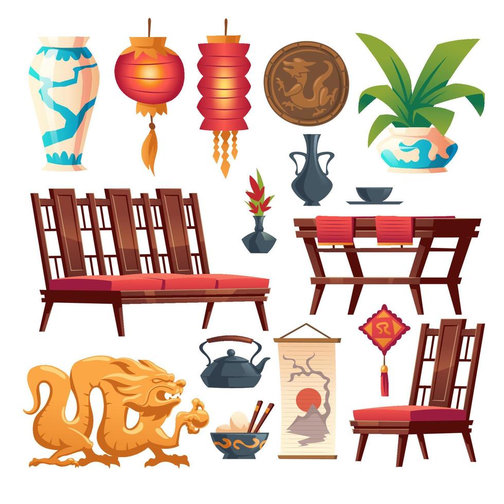 cosas de restaurante chino, conjunto aislado de decoración asiática vector