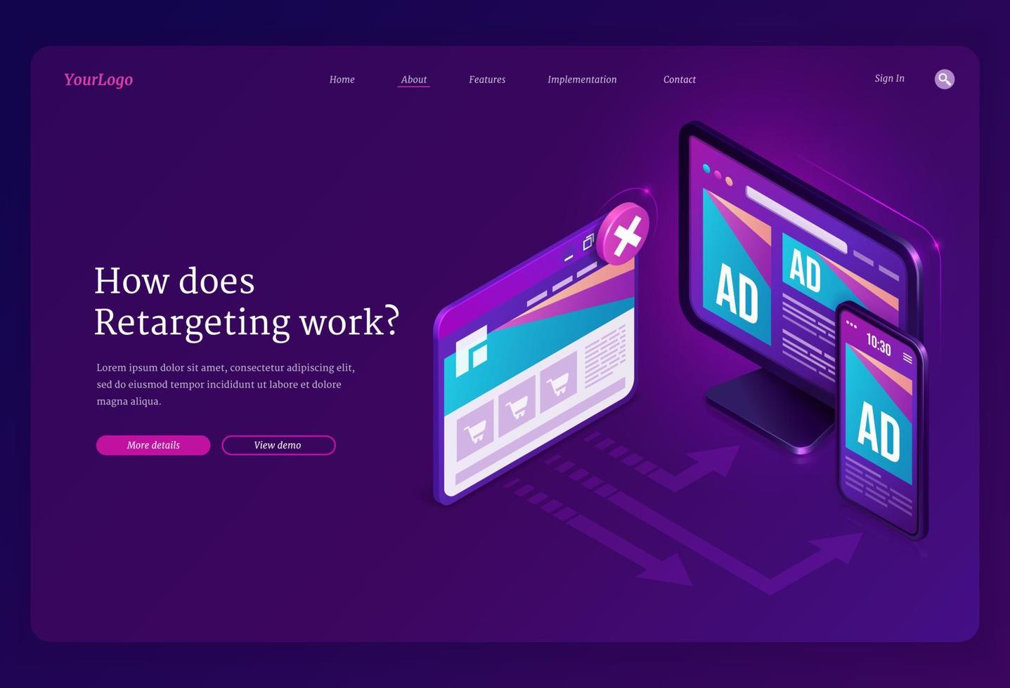 Retargeting or remarketing isometric landing page vector